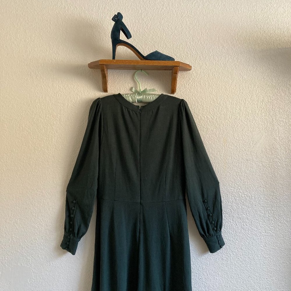 LOFT Long Botton Sleeve Dark Forest Green Dress - Picture 7 of 9